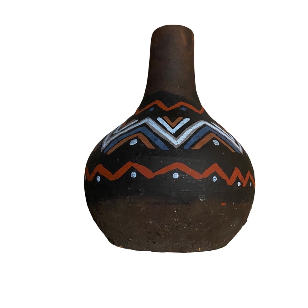 Vintage Brown Clay Bud Vase Colorful Hand Painted Southwestern Aztec